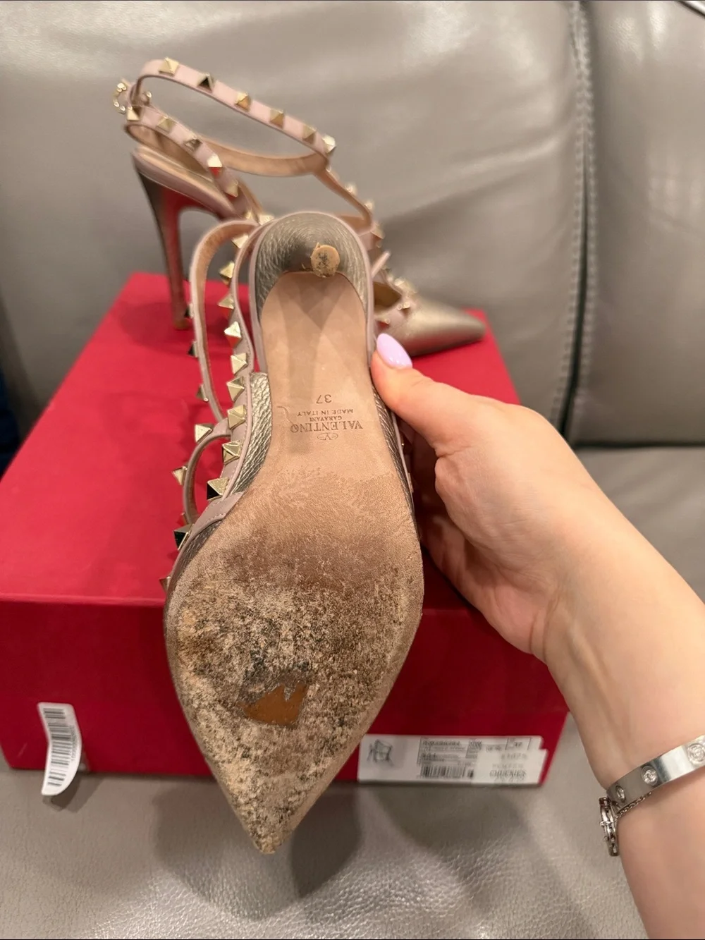 Valentino Metallic Gold Rockstud Pointed T-Strap Pumps